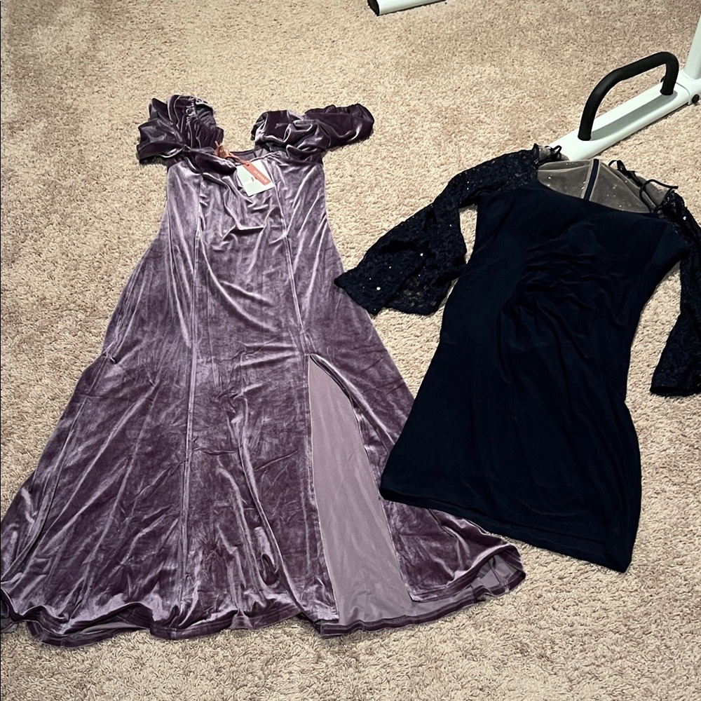 Purple Velvet Gown and Navy Blue Lace Dress